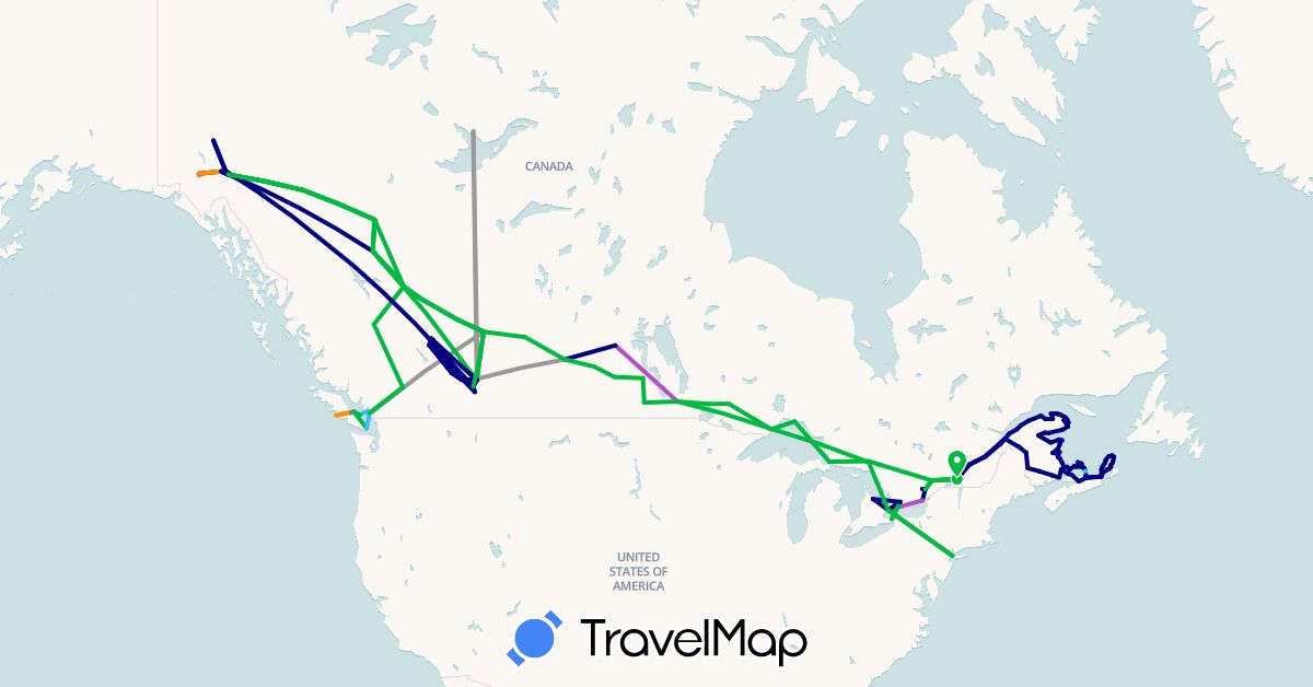 TravelMap itinerary: driving, bus, plane, cycling, train, hiking, boat, hitchhiking in Canada, United States (North America)